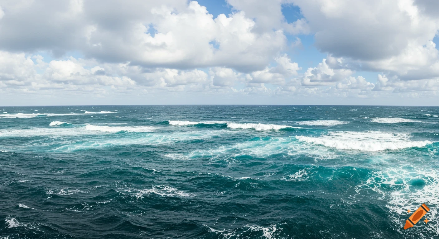 View of wavy blue and green ocean water under a cloudy sky.