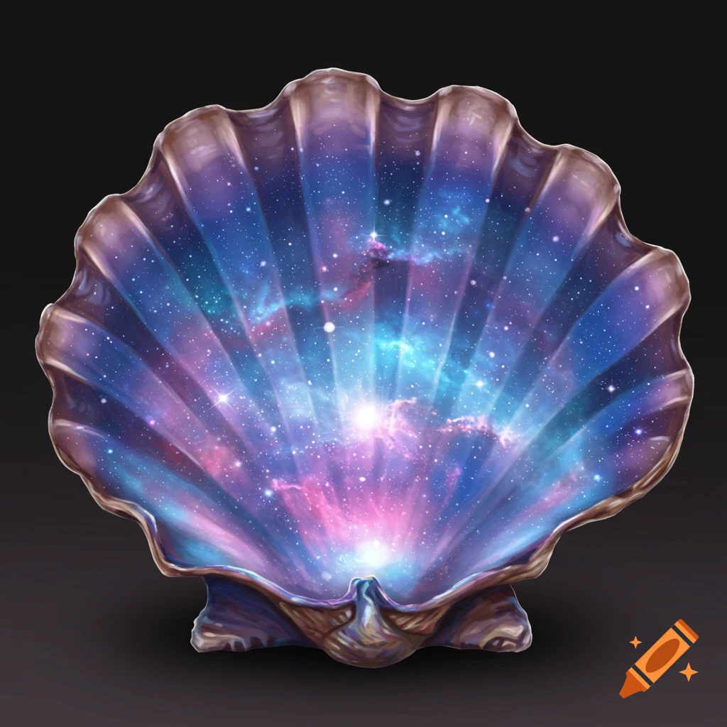 A stylized seashell containing a colorful galaxy.