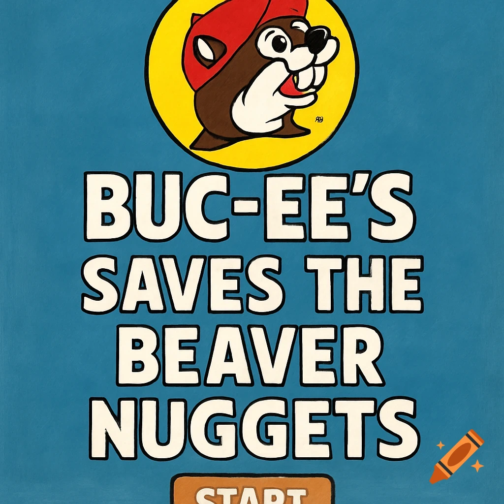 Cartoon Buc-ee's beaver logo above the game title 'Buc-ee's Saves the Beaver Nuggets' on a blue background.