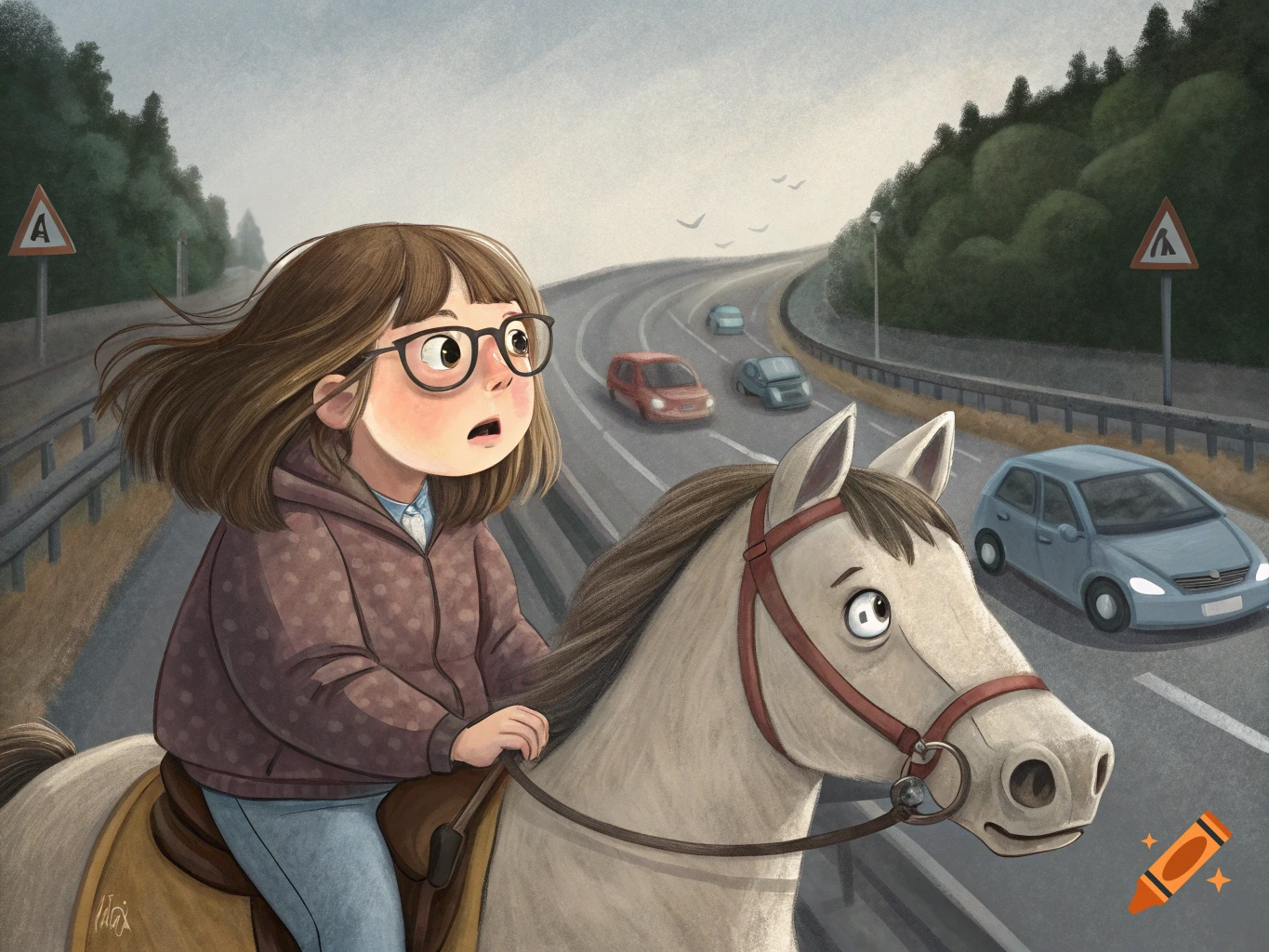Illustration of a girl with glasses riding a horse on a highway with cars.