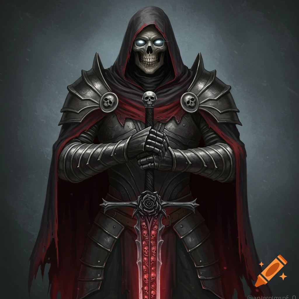 Undead knight in dark armor holding a glowing sword with embedded skulls