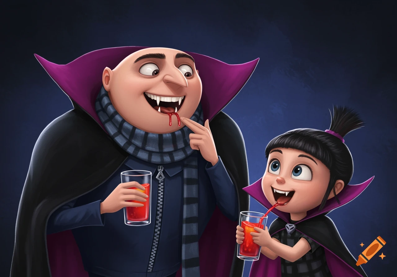 Cartoon Gru and Agnes dressed as vampires, holding glasses of red drink.
