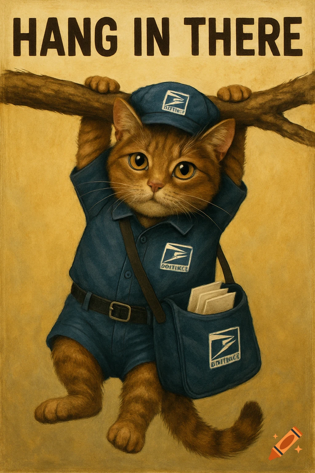 A cat in a mailman uniform hangs from a branch under the words 'HANG IN THERE' in the style of a vintage poster.