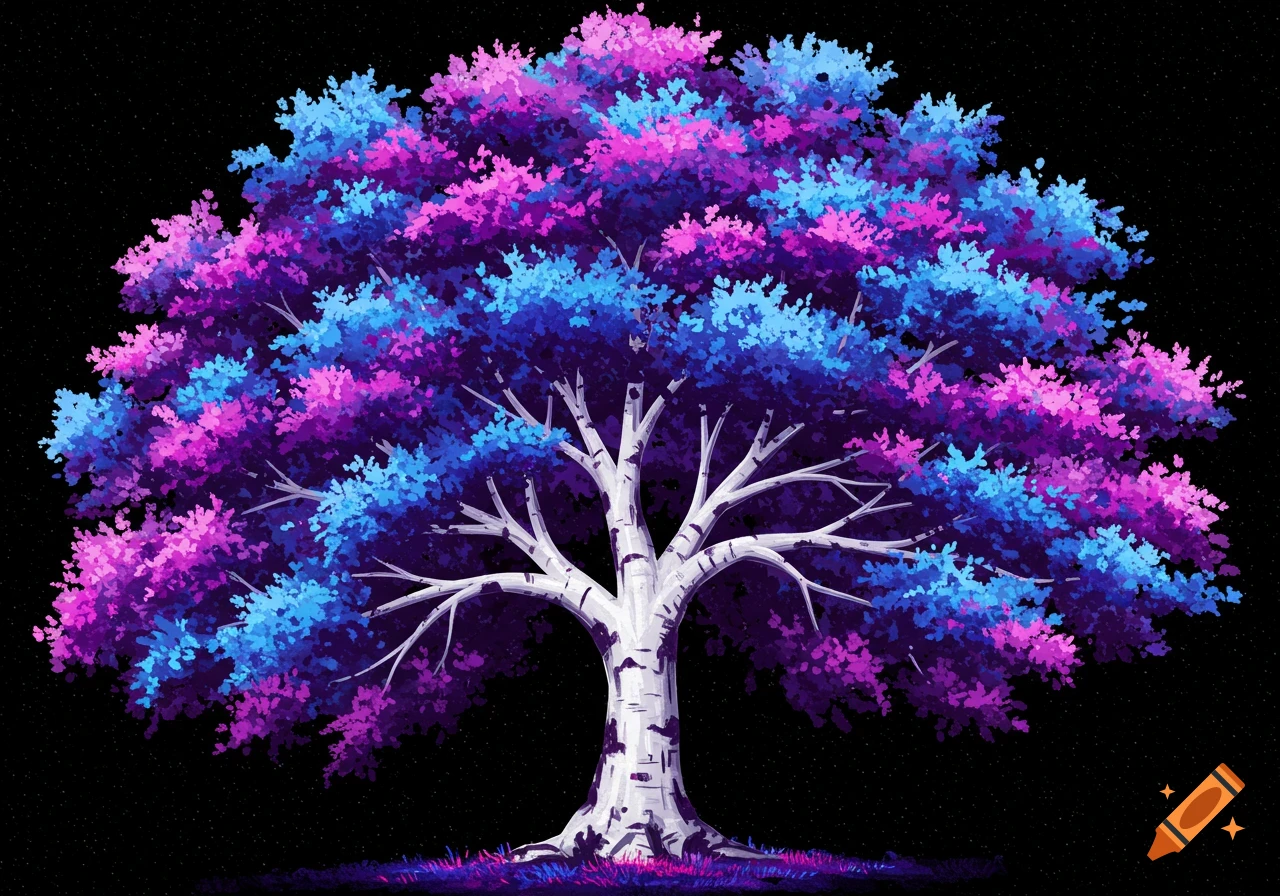 A stylized tree with white bark and leaves in shades of pink, blue, and purple against a black background with stars.