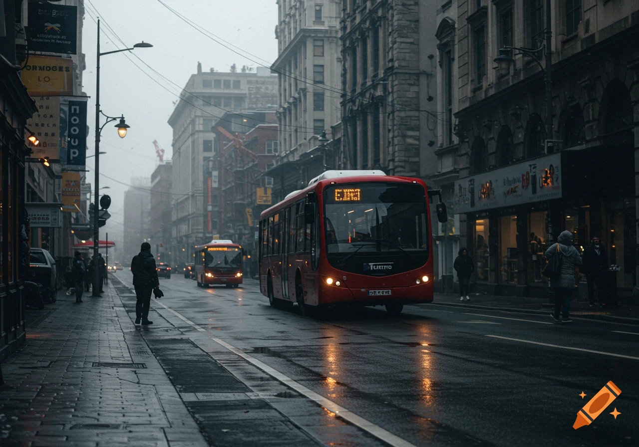 Street scene with red buses, people, and buildings in the rain or fog.