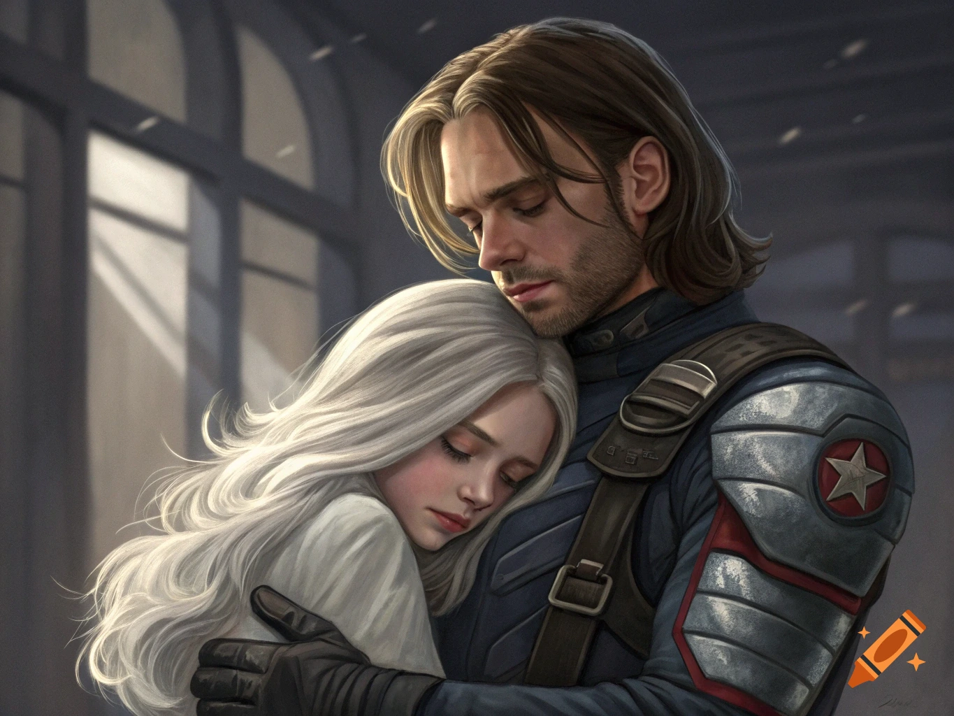 Illustrative portrait of Bucky Barnes embracing a silver-haired girl.