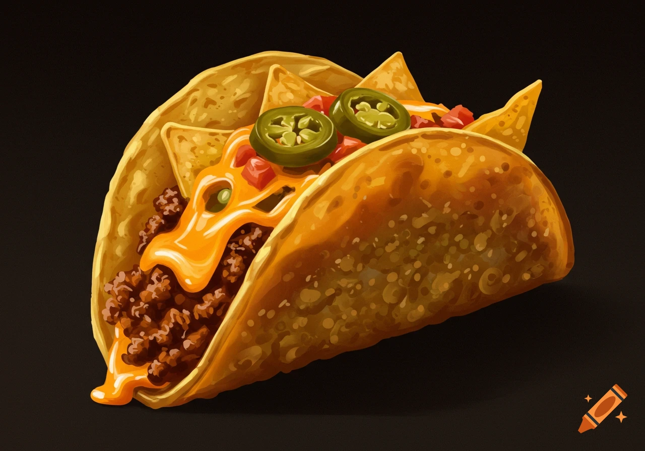 Digital painting of a taco filled with meat, melted cheese, jalapenos, tomatoes, and tortilla chips.