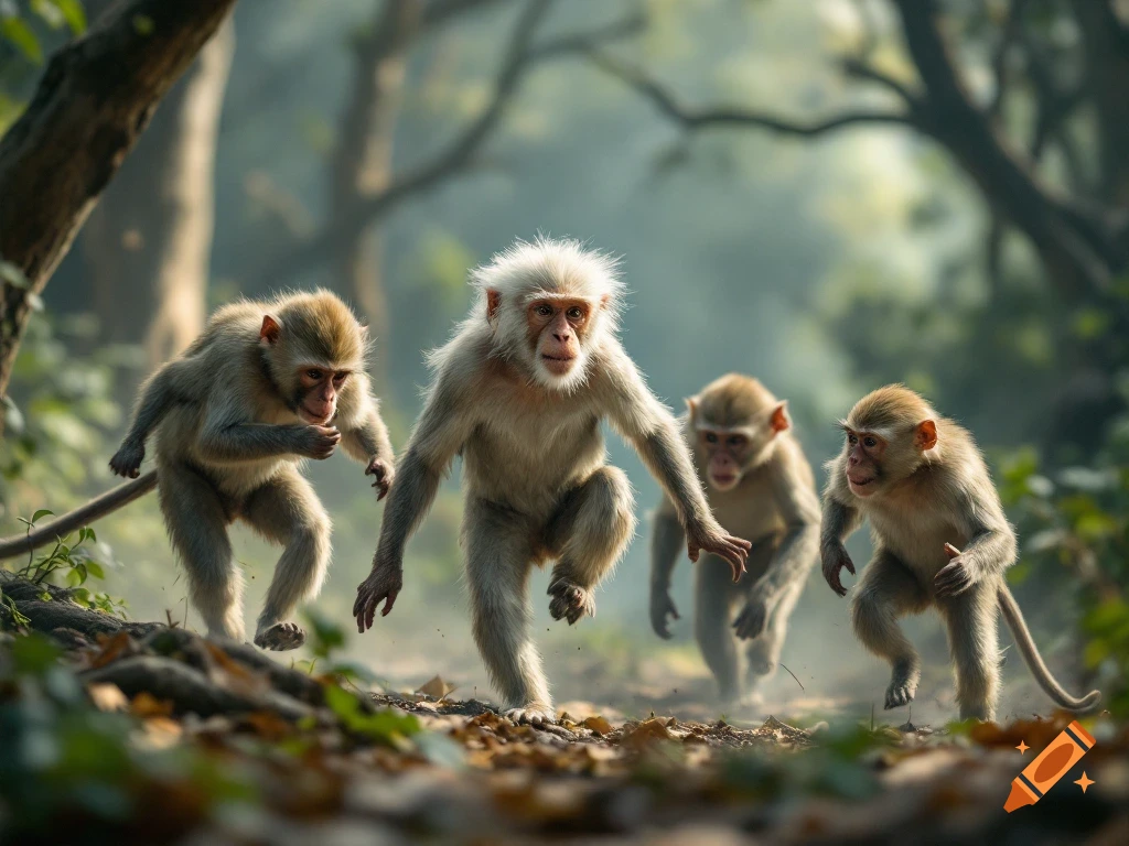 Four monkeys run through a sunlit forest.