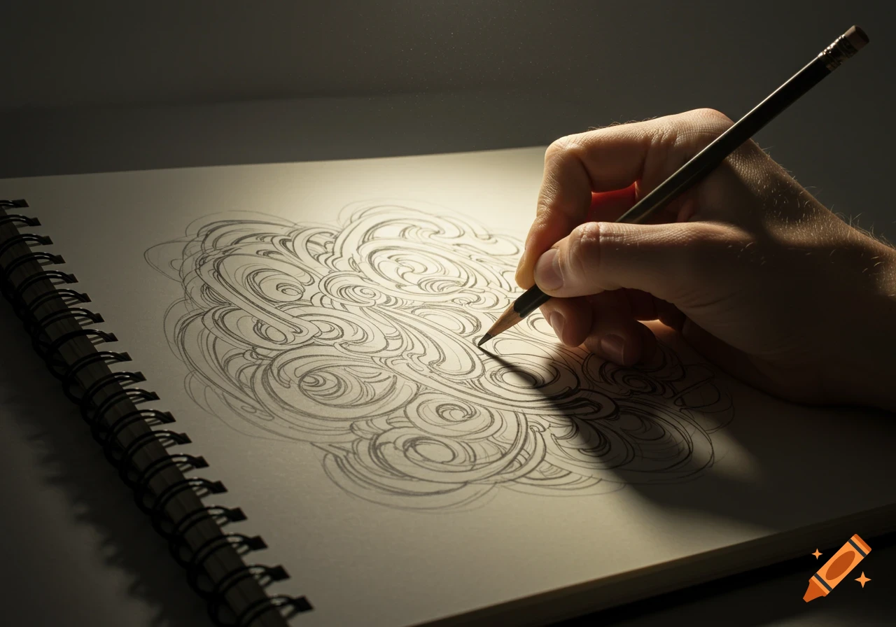 A hand sketches a swirling pattern in a notebook under dramatic ...