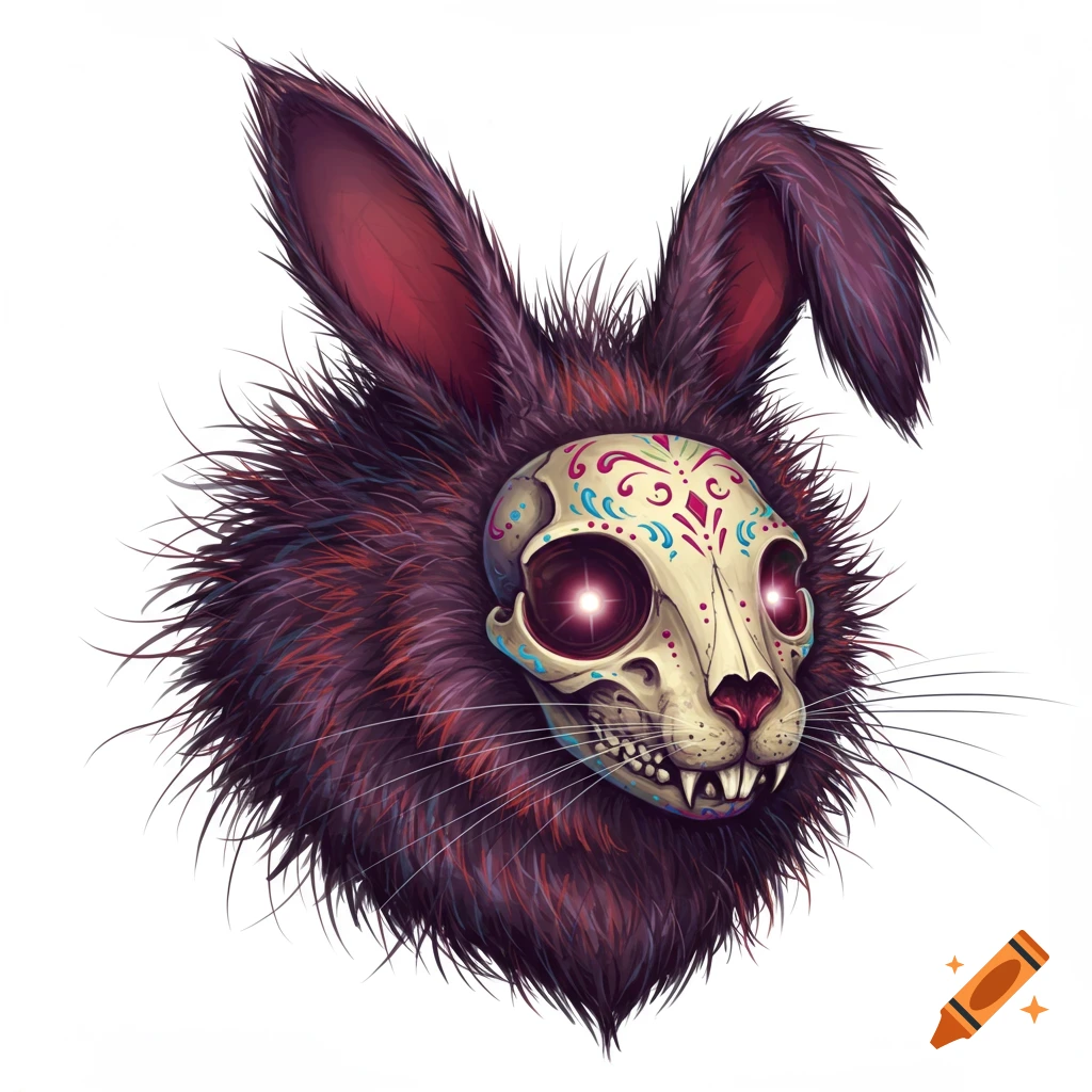 Stylized furry creature head with large ears and a decorated sugar skull face.