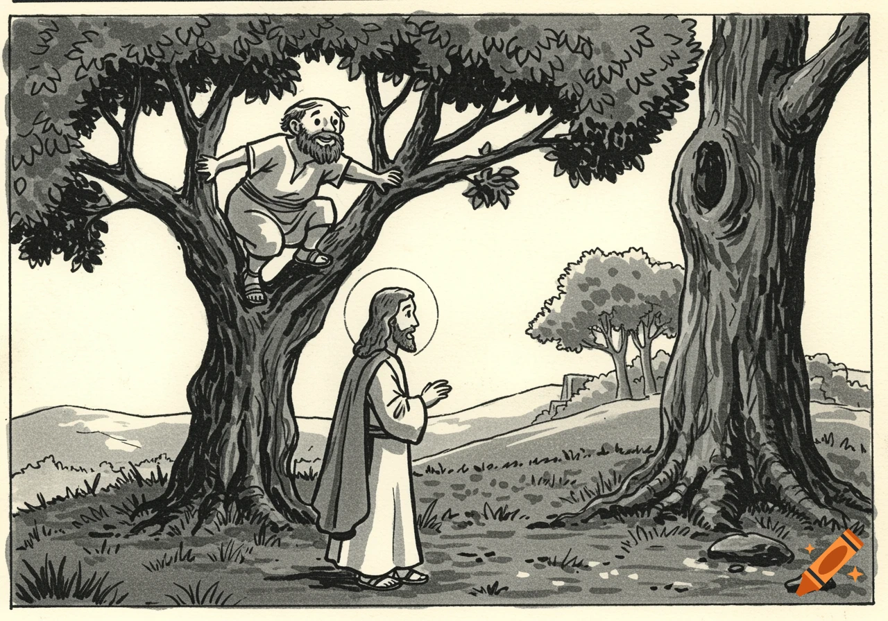 Black and white illustration of Zacchaeus in a tree looking at Jesus below