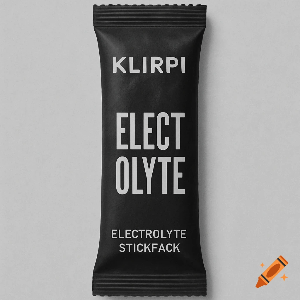 Close-up photo of a black stickpack with white text reading KLIRPI ELECT OLYTE