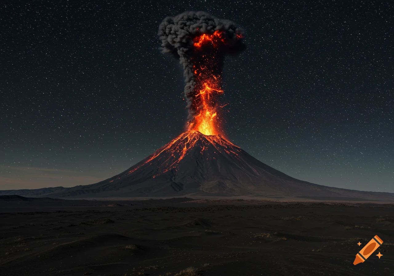 A volcano erupting brightly against a dark, starry night sky in a desolate landscape.