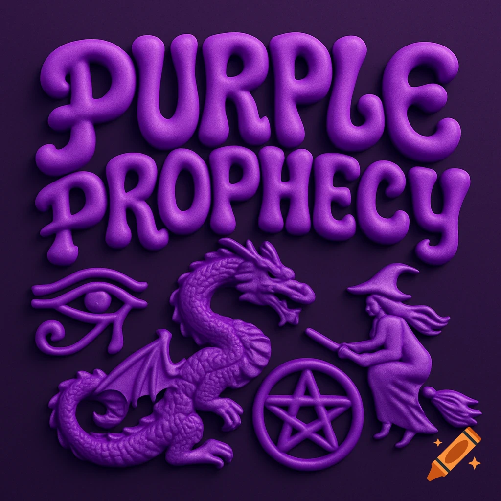 Purple 3D text 'PURPLE PROPHECY' with dragon, witch, Eye of Horus, and pentagram symbols on a dark background.