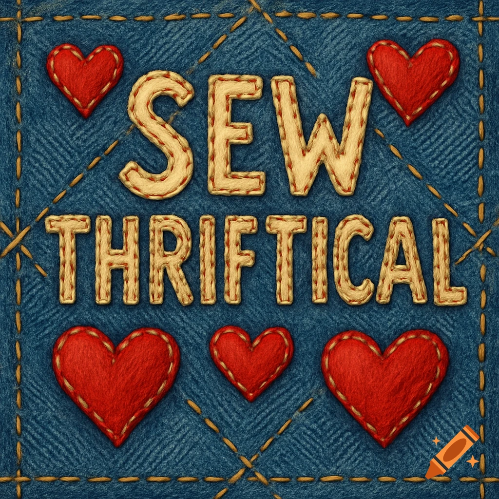 Stitched text 'SEW THRIFTICAL' and hearts on a denim background.