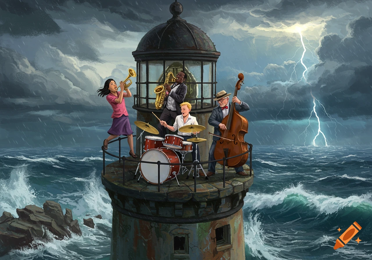An illustration of a jazz band playing instruments on top of a lighthouse during a storm with lightning.