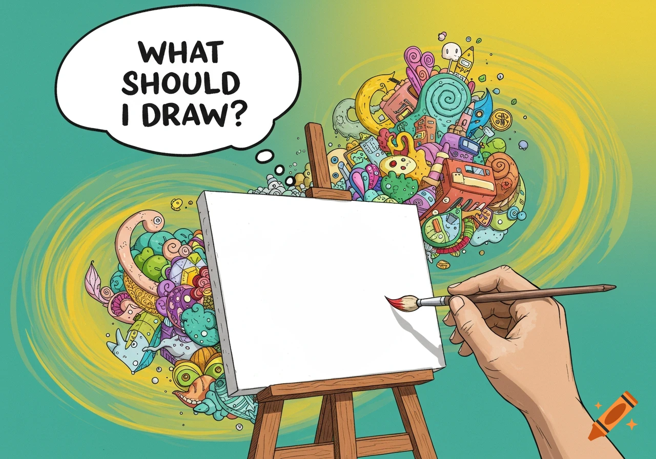 A hand holds a paintbrush in front of a blank canvas on an easel, with colorful doodles bursting from behind and a thought bubble saying "WHAT SHOULD I DRAW?".