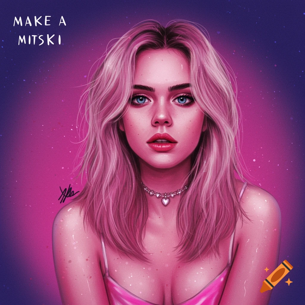 Digital art portrait of a woman with pink hair and blue eyes on a pink and purple background with text 'MAKE A MITSKI'