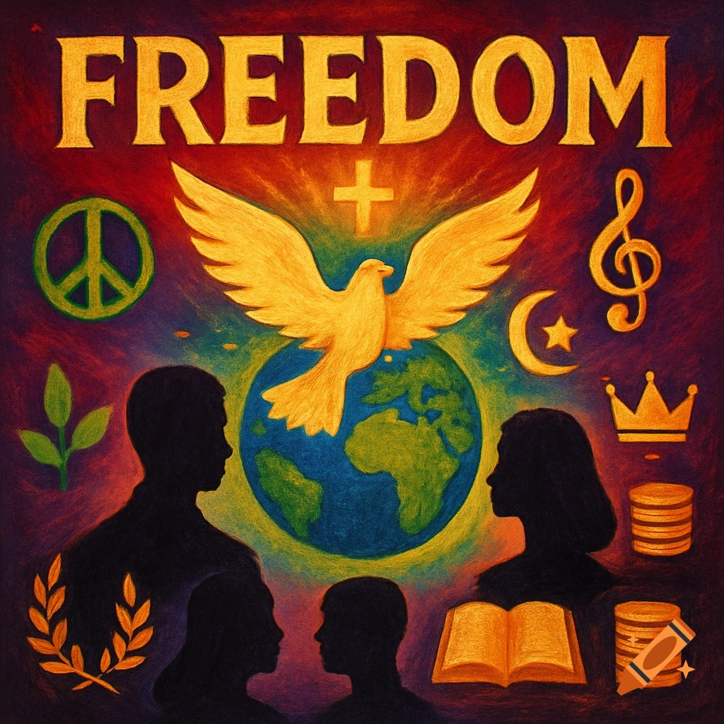 Symbolic illustration with FREEDOM text, dove, earth, people silhouettes, and symbols of peace, religion, music, knowledge, royalty, wealth.