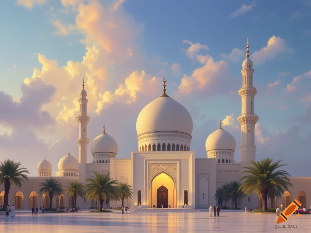 Grand white mosque with domes and minarets, palm trees, and people under a sky with golden clouds at sunrise or sunset.