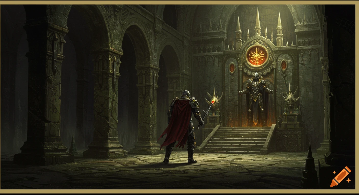 A knight stands in a ruined dungeon facing a large ornate structure with a statue.