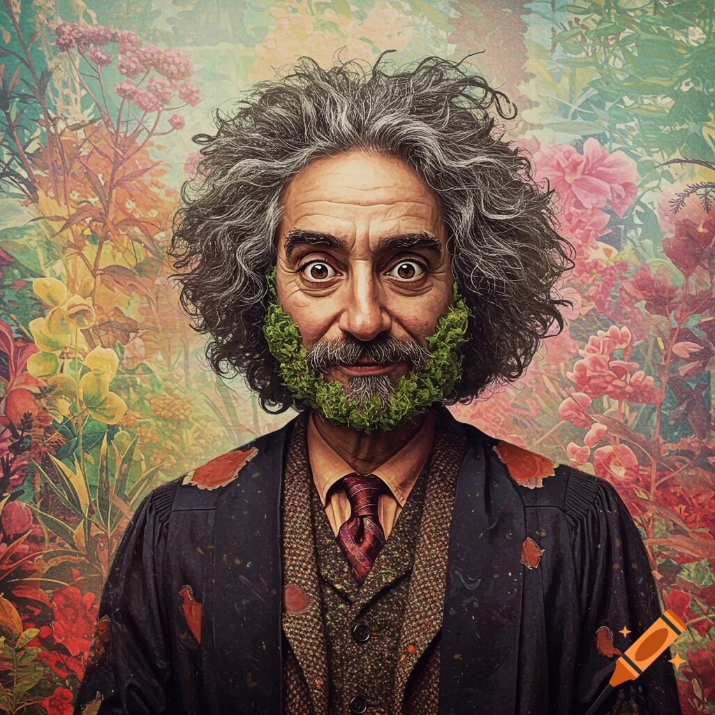 Portrait of a man with grey hair and green, bushy beard and mustache against a colorful floral background.