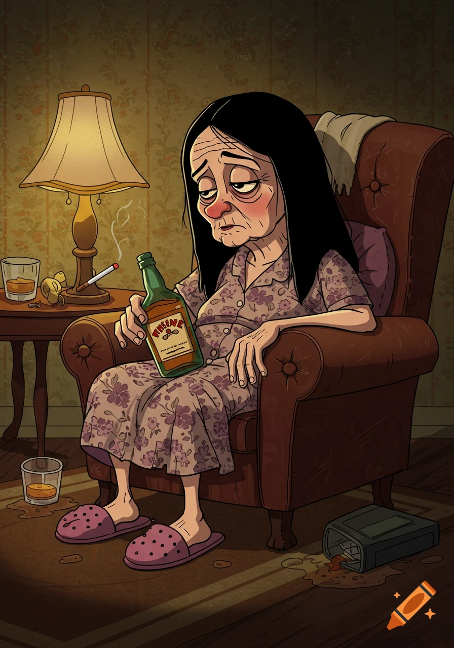 Cartoon of a drunk old lady with black hair sitting in a chair with a whiskey bottle and cigarette.