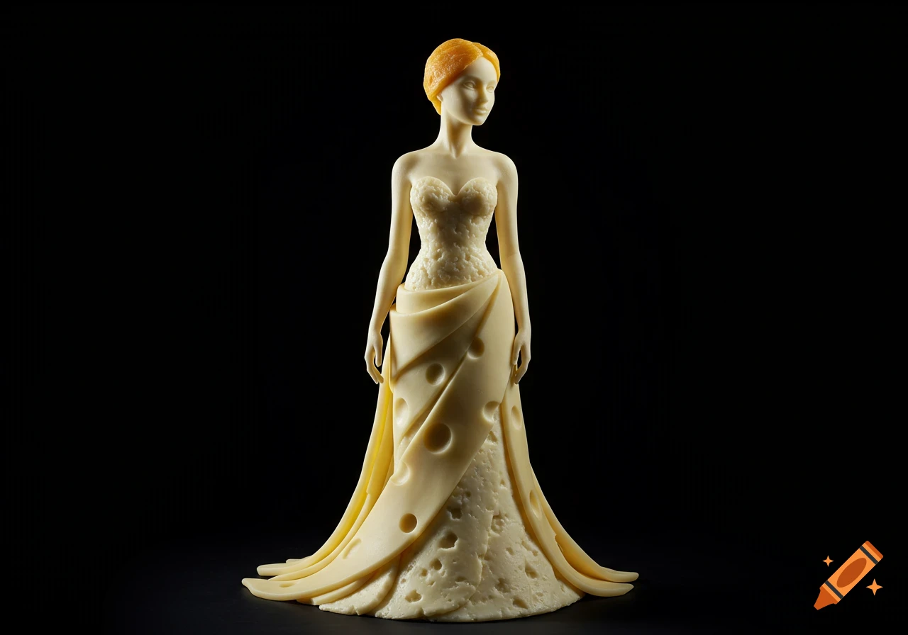 Figurine of a woman made of cheese, wearing a dress, against a black background.