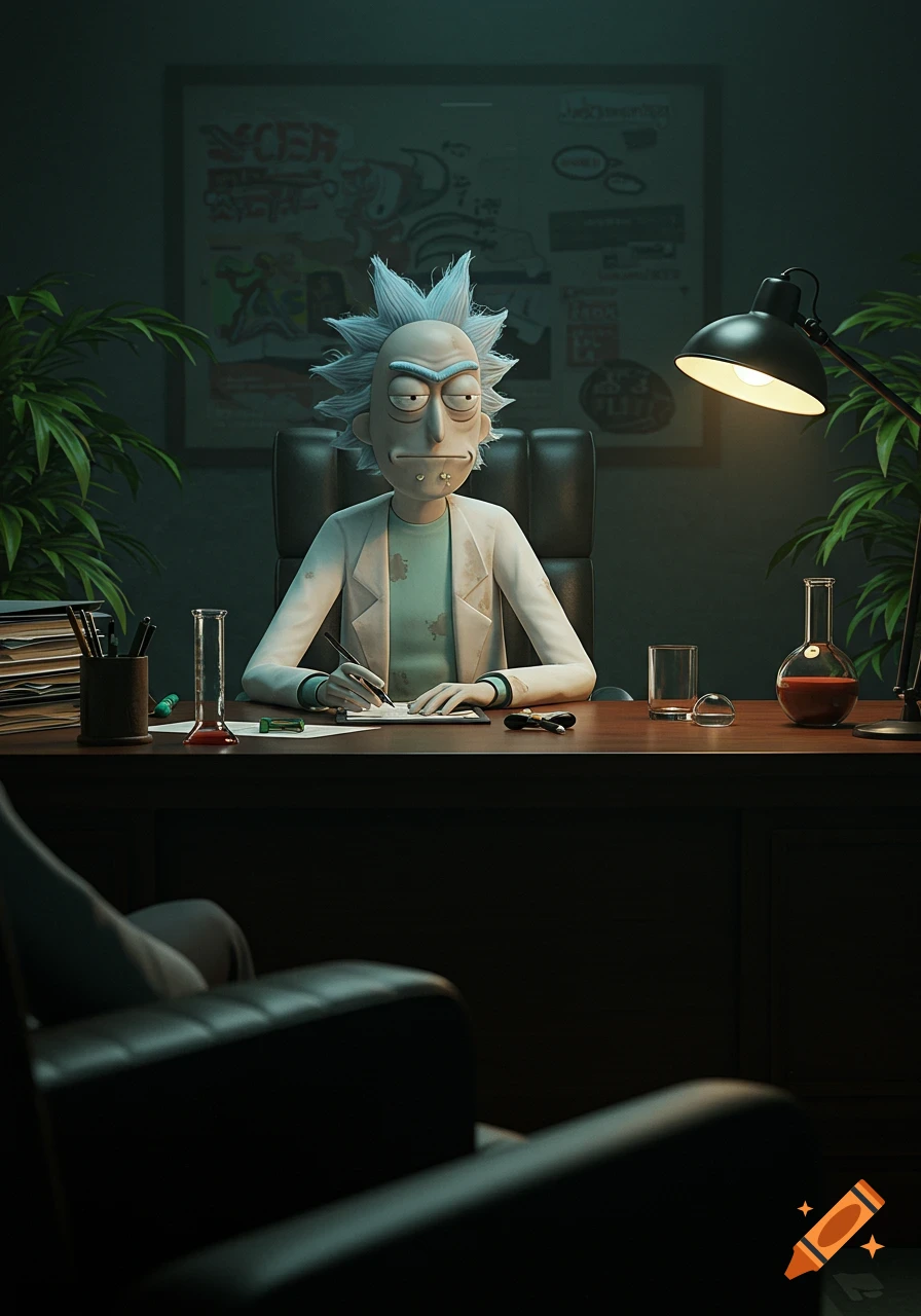 Rick Sanchez sits at a therapist's desk in an office, writing.