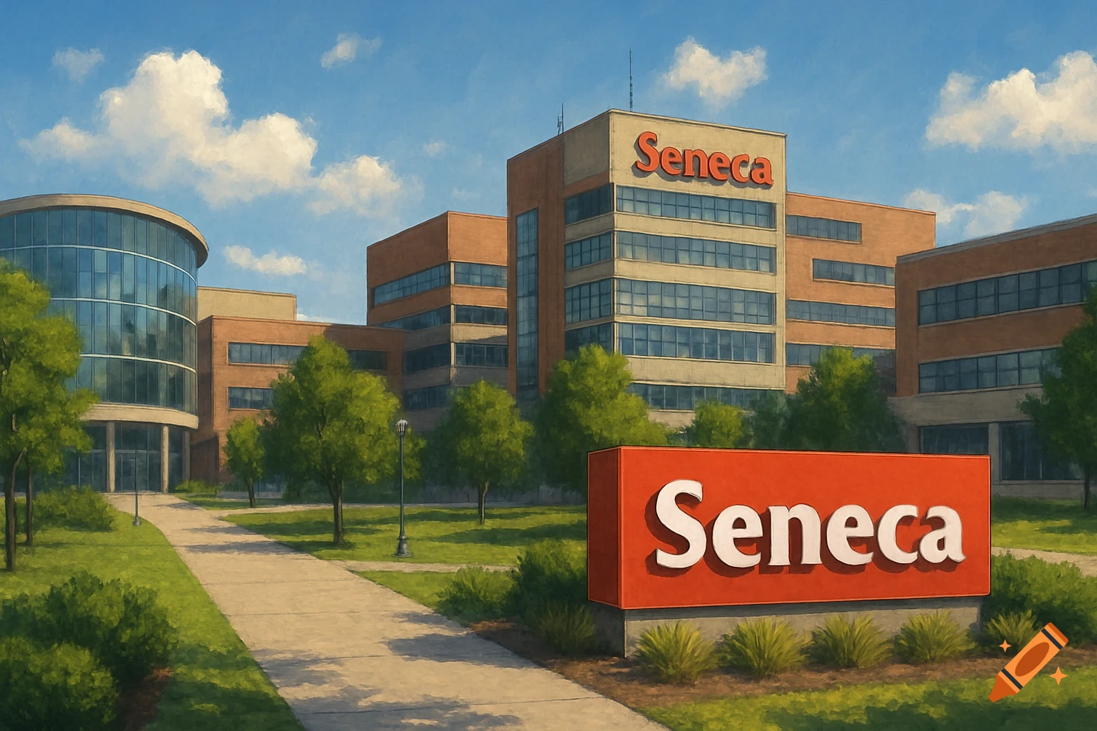 Campus building with a large Seneca sign and trees