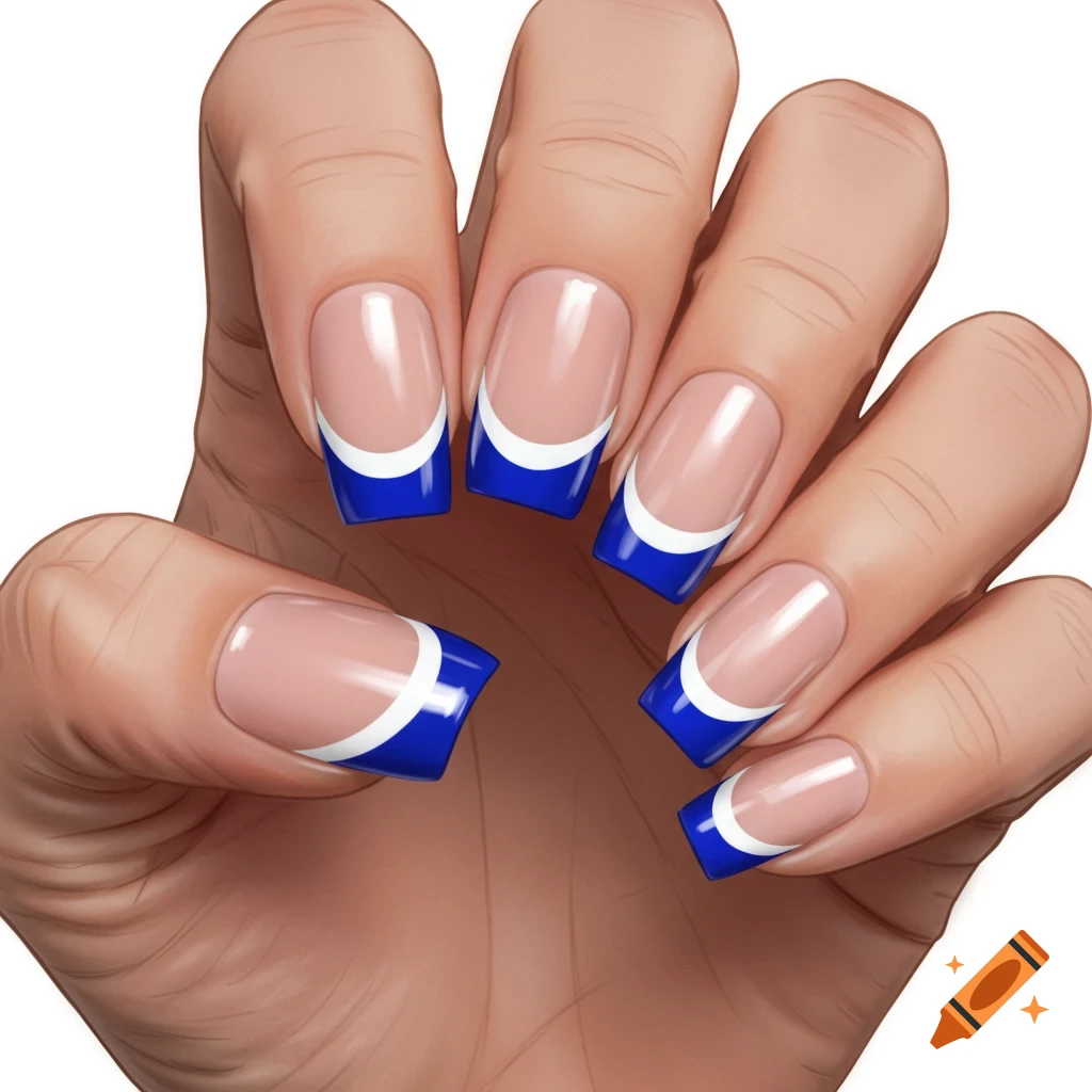Close-up digital painting of a hand with French tip nails, white tips with royal blue lines.