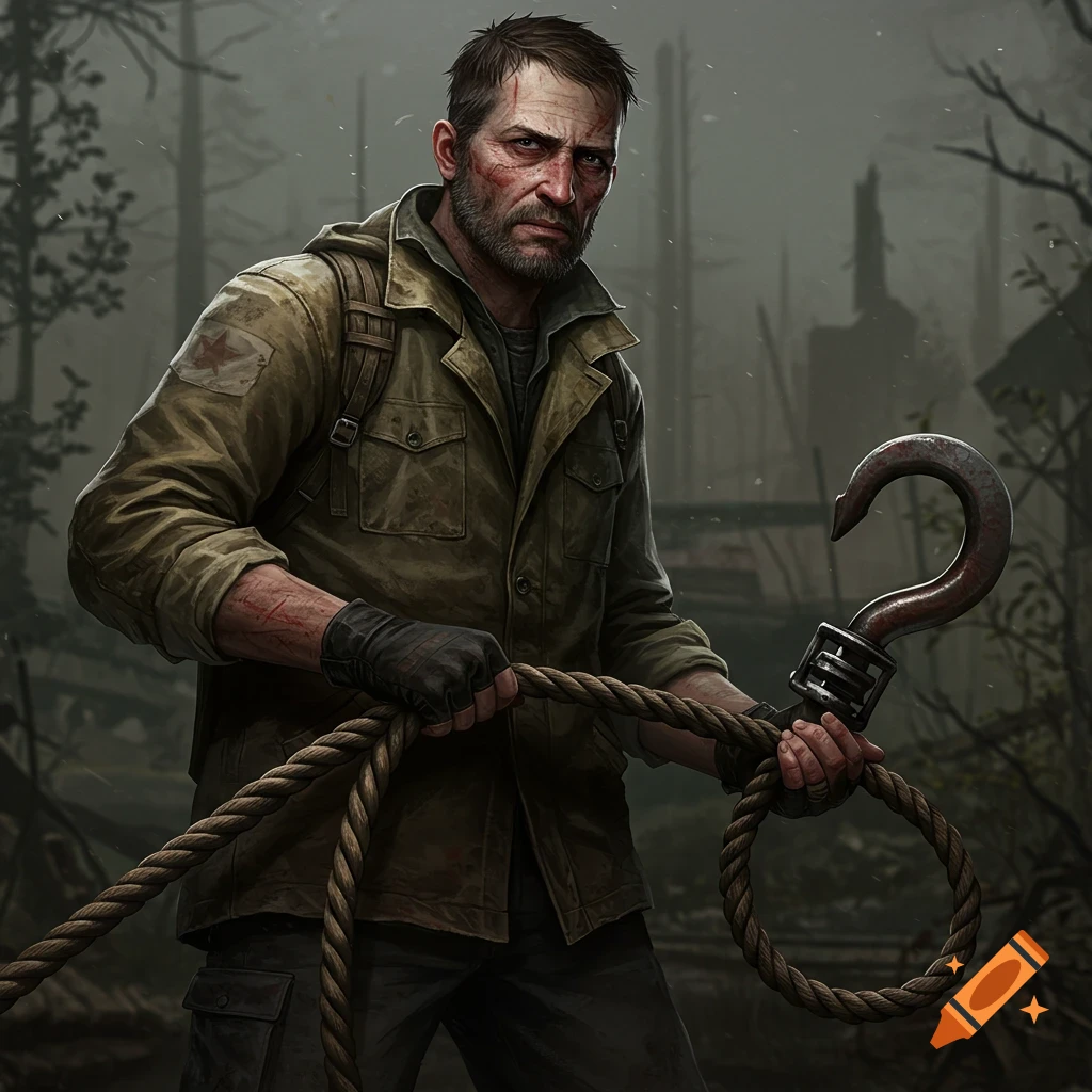 Rugged man in post-apocalyptic setting holding a rope and hook.
