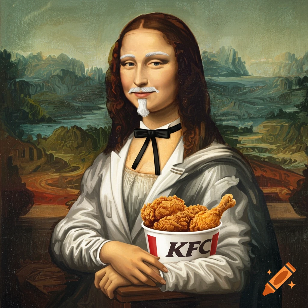 Mona Lisa with white beard and mustache, wearing a black bow tie and white suit like Colonel Sanders, holding a bucket of KFC fried chicken.