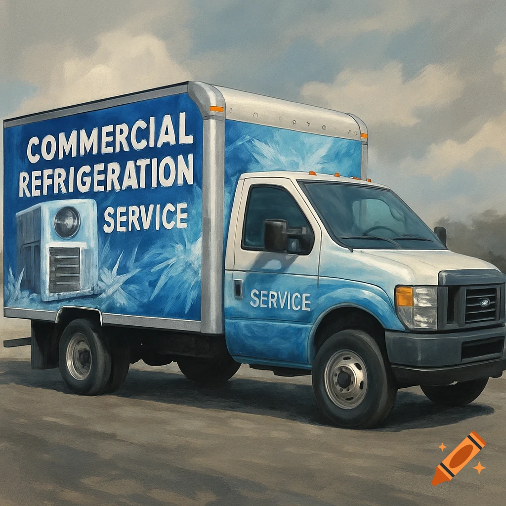 A white and blue box truck with 'COMMERCIAL REFRIGERATION SERVICE' on the side, painted style
