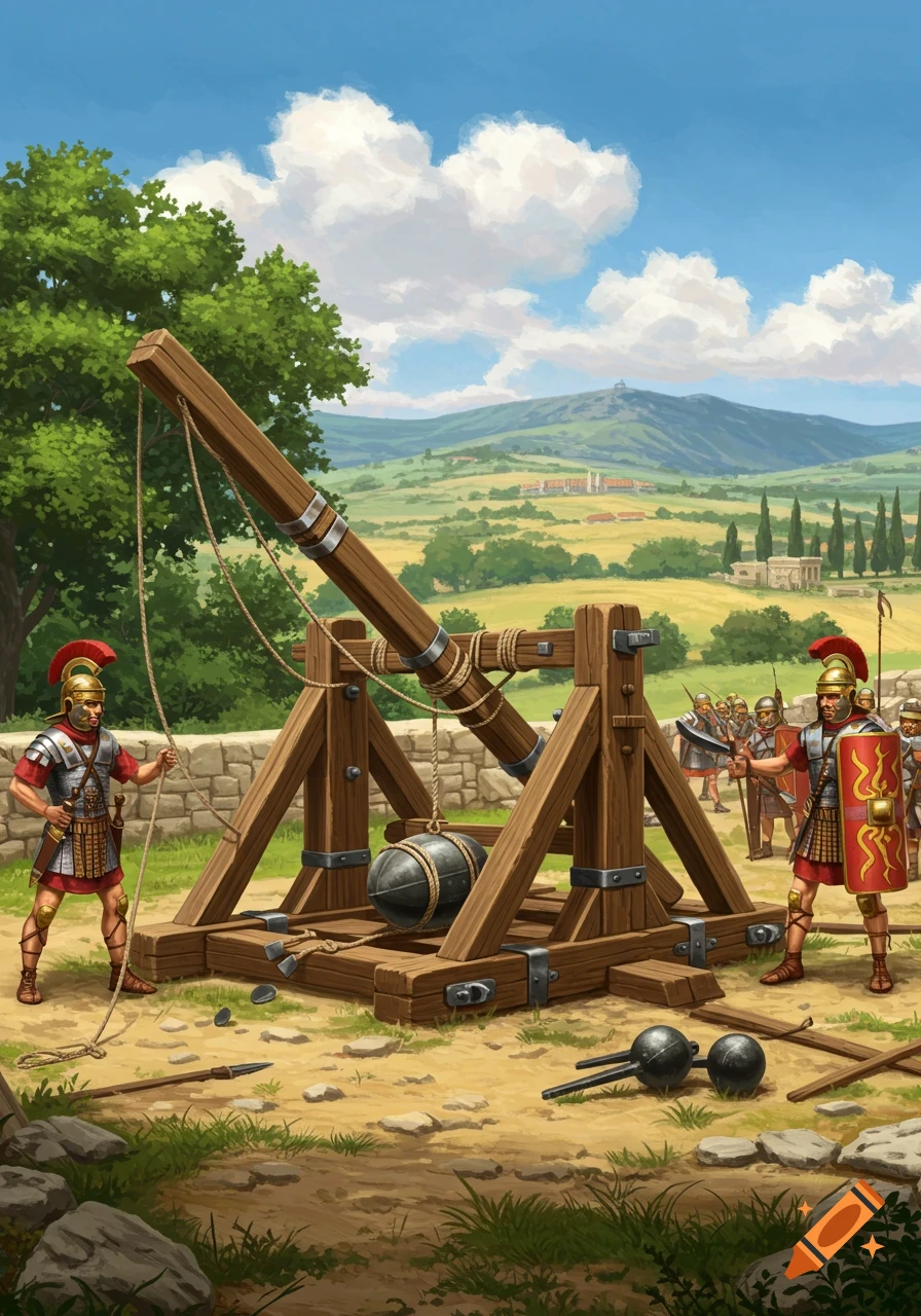 An illustration of a Roman catapult and soldiers in a field