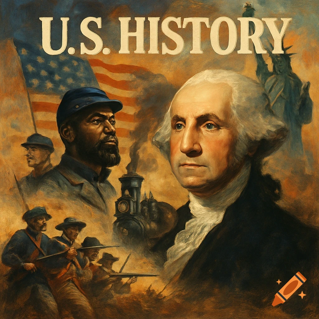 Painterly collage of George Washington, US soldiers, train, and Statue of Liberty behind large 'U.S. HISTORY' text.