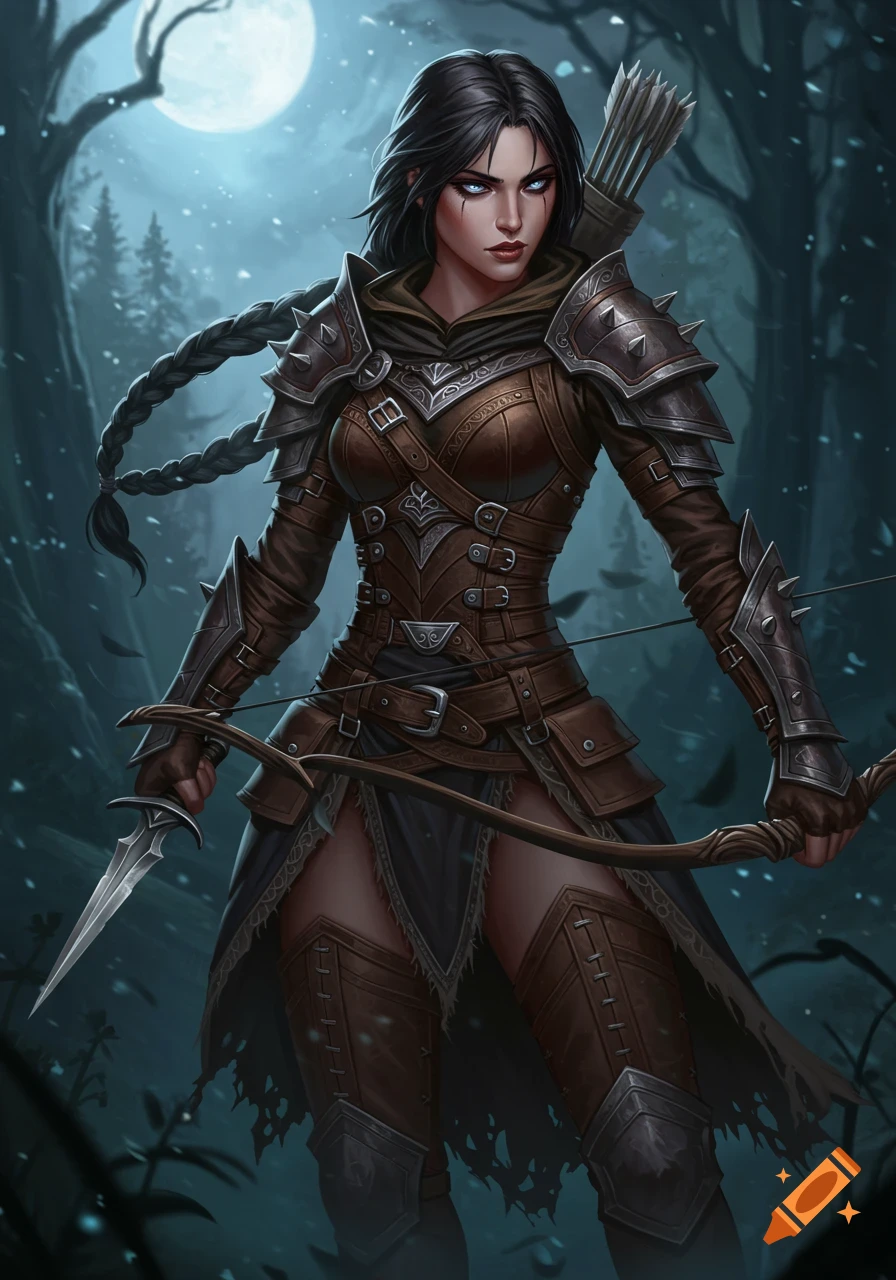 A female fantasy rogue in leather armor holds a bow and knife in a dark forest under a full moon.