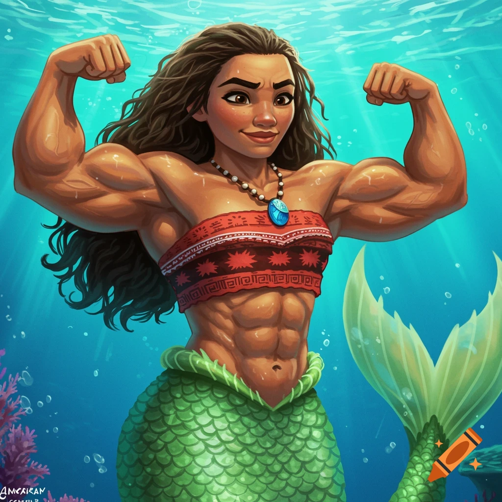 Muscular character resembling Moana as a mermaid flexing underwater illustration