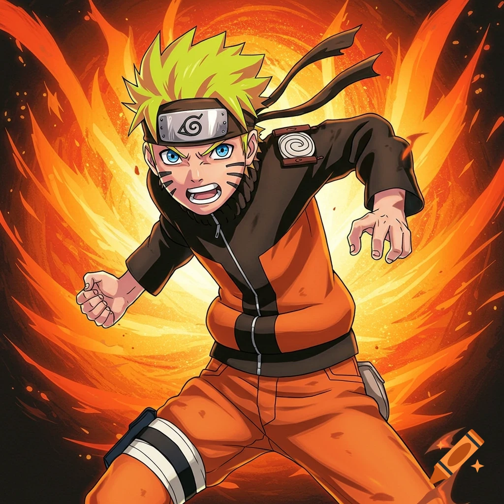 Naruto Uzumaki in action against a fiery orange background, anime style