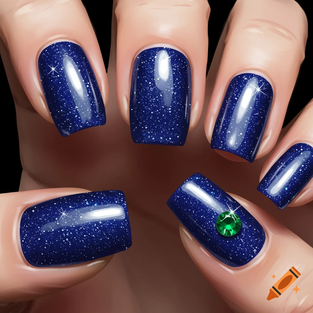Closeup illustration of hands with dark blue sparkling nails and a green gem on one finger.
