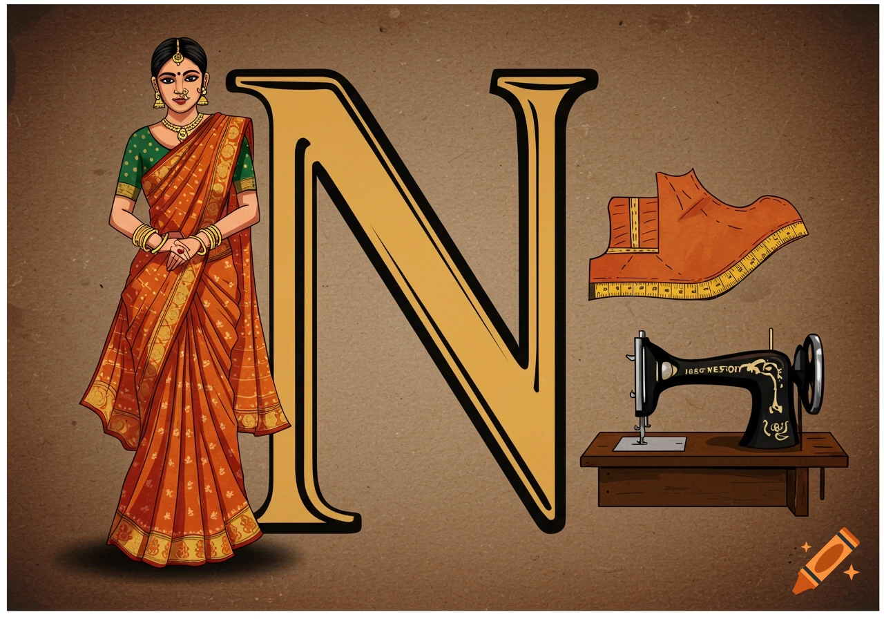 Illustration of a woman in a saree next to a large letter N, with a sewing machine and fabric.