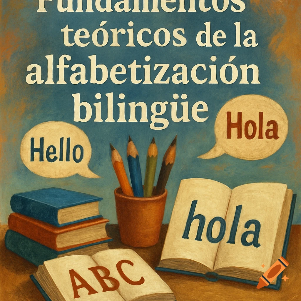 Illustration of books, pencils, and text related to bilingual education, including 'Hello', 'Hola', and 'ABC'.