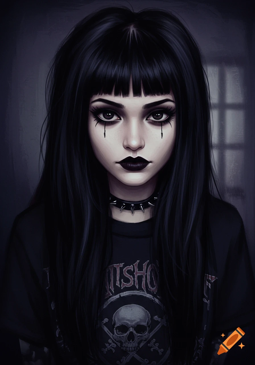 Portrait of a girl with black hair, dark makeup, and a spiked collar, wearing a black t-shirt with a skull design.