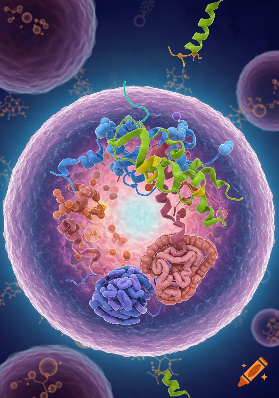 Scientific illustration of colorful protein structures inside a cell.