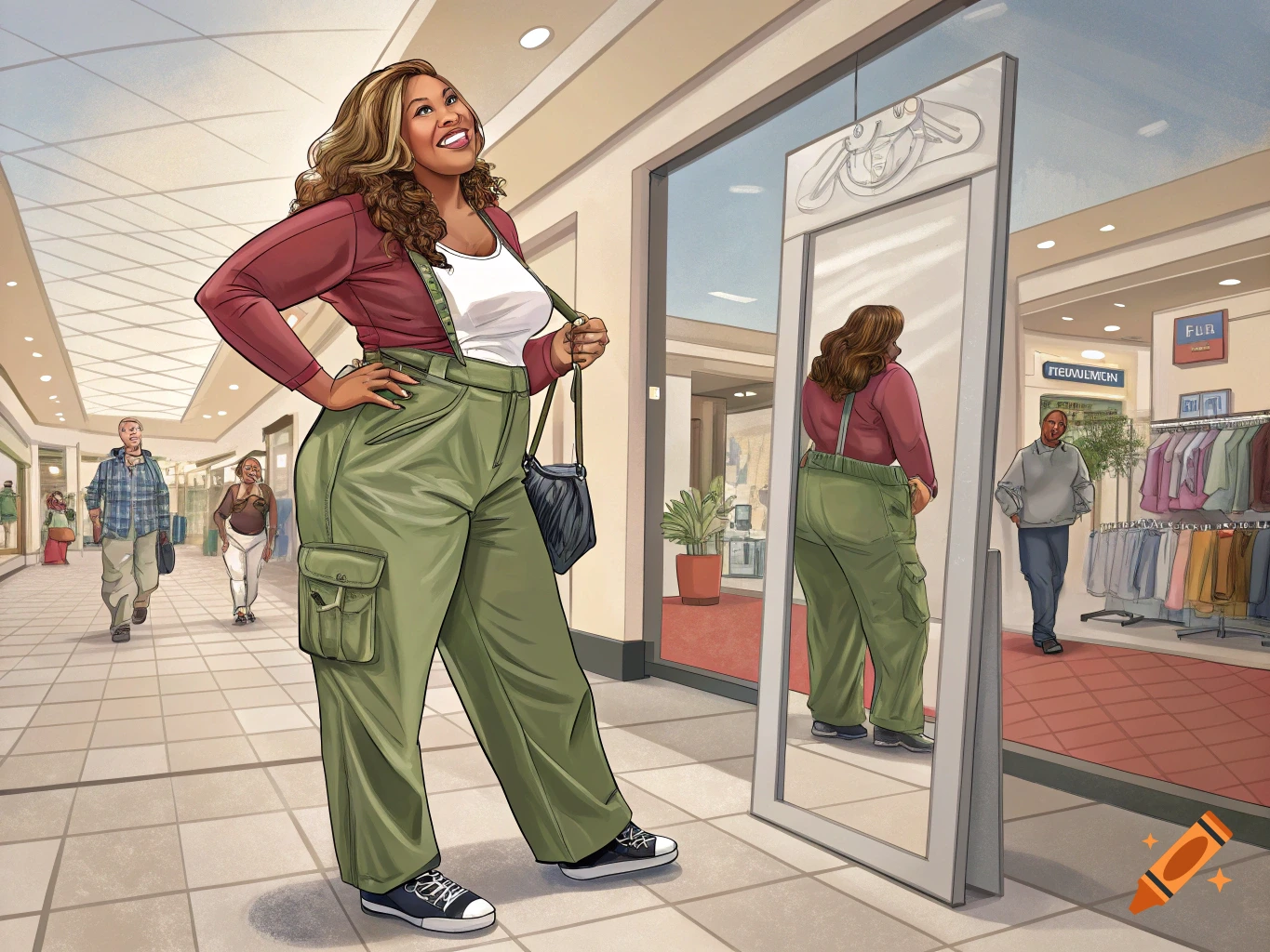 Illustration of a woman trying on green cargo pants in a mall while looking in a mirror.