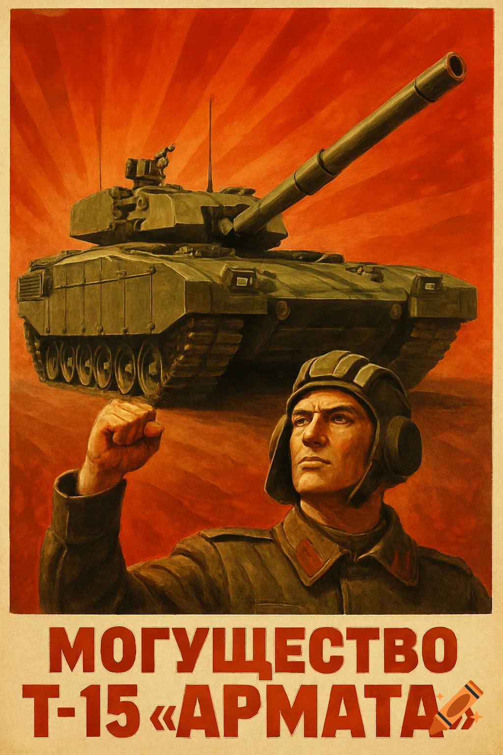 Propaganda poster of a soldier with a tank behind him