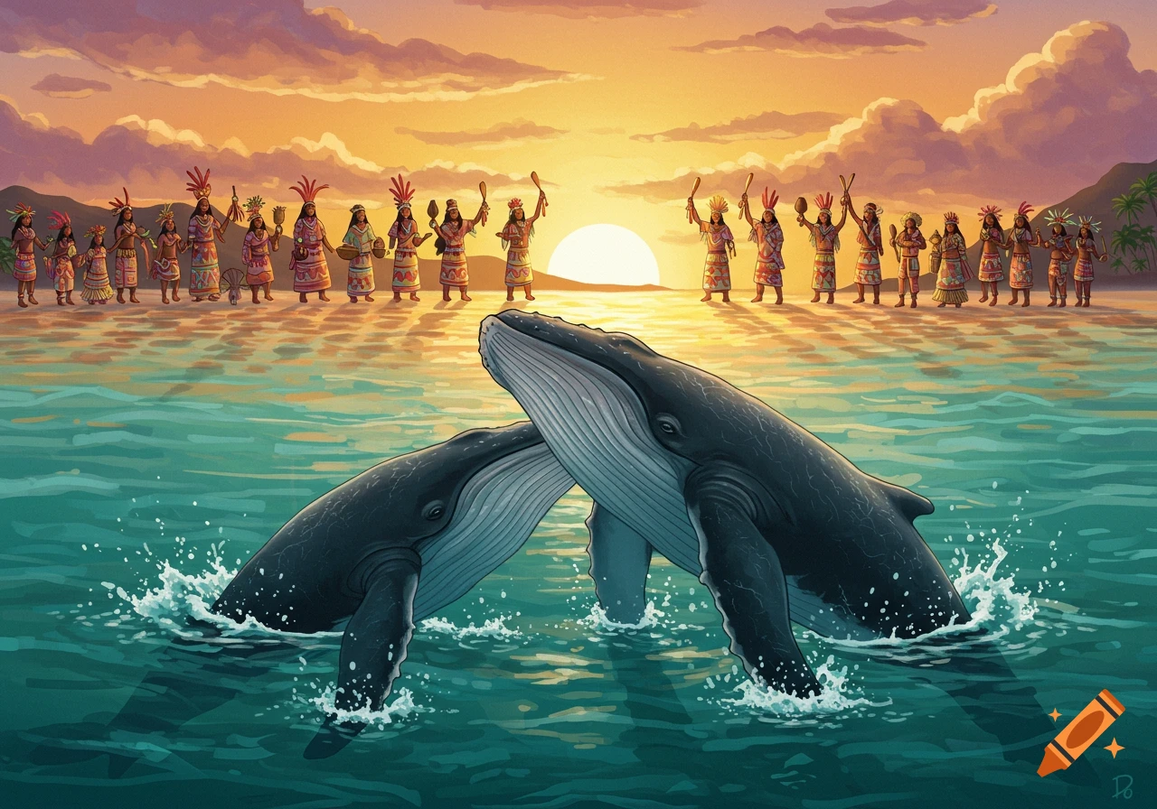 Two whales surface in the ocean near a beach where people in traditional clothing stand during a sunrise ceremony.