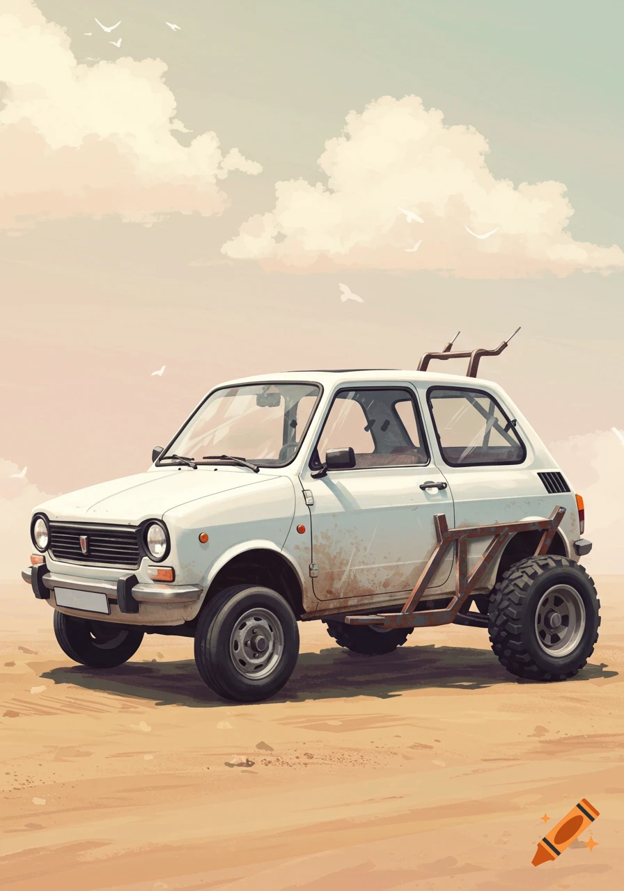 A white modified car with large tires sits in a sandy landscape under a cloudy sky with birds.