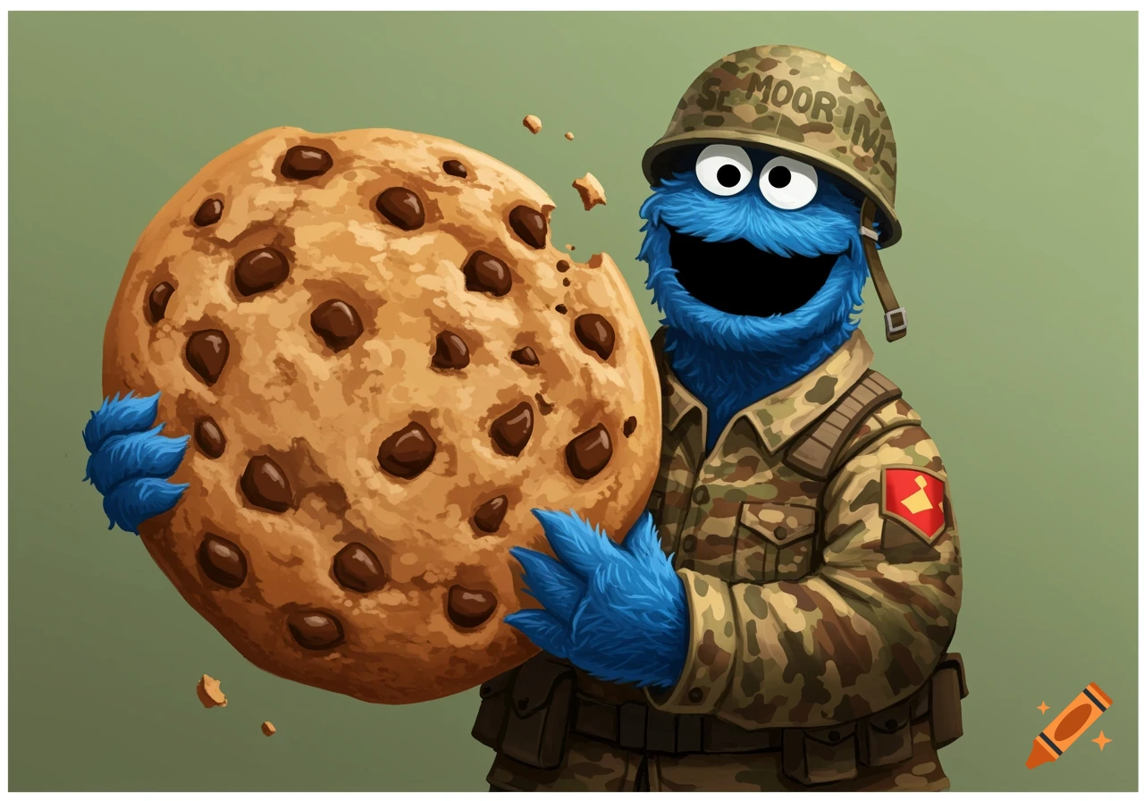 Cookie Colonel Illustration of Cookie Monster dressed as a soldier, holding a giant ...