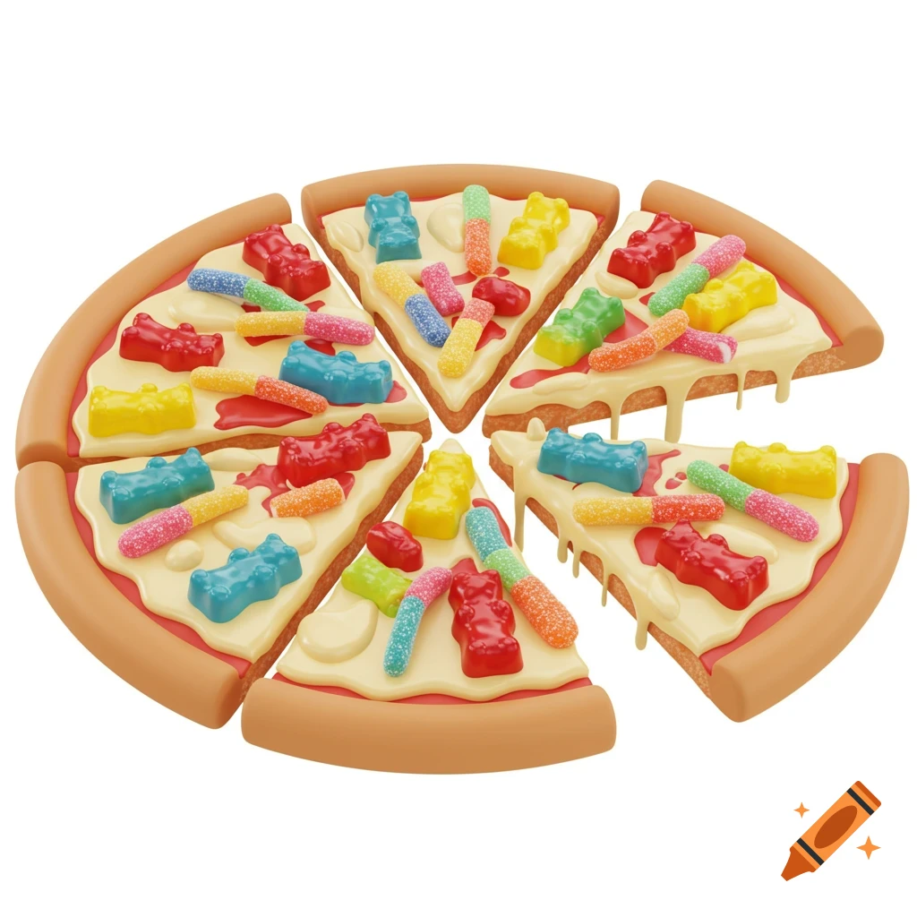 A 3D render of a pizza topped with colorful gummy bears and candy worms, sliced and isolated on a white background.